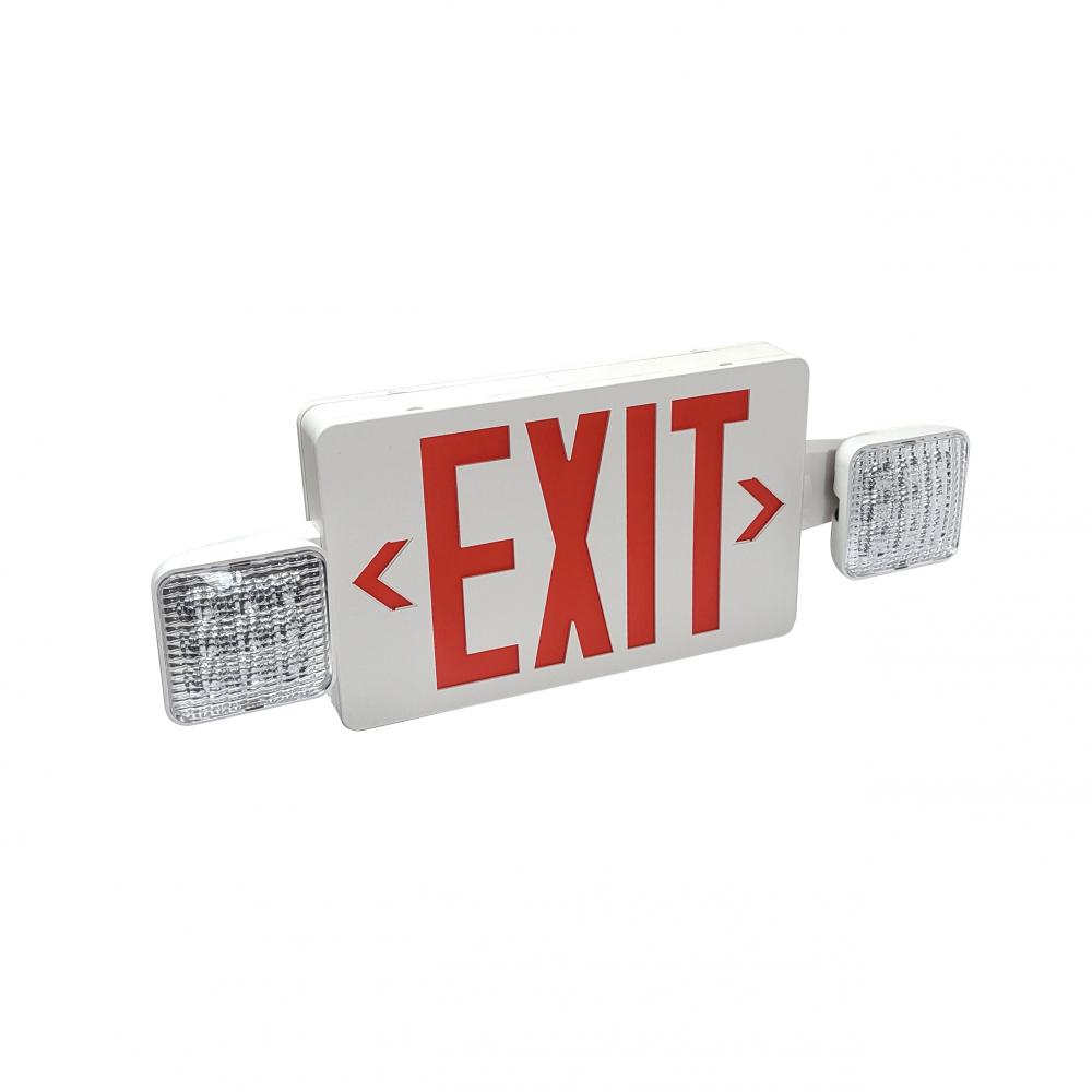 LED Exit and Emergency Combination with Adjustable Heads, Battery Backup, Red Letters / White
