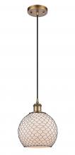  516-1P-BB-G121-8CBK-LED - Farmhouse Chicken Wire - 1 Light - 8 inch - Brushed Brass - Cord hung - Mini Pendant